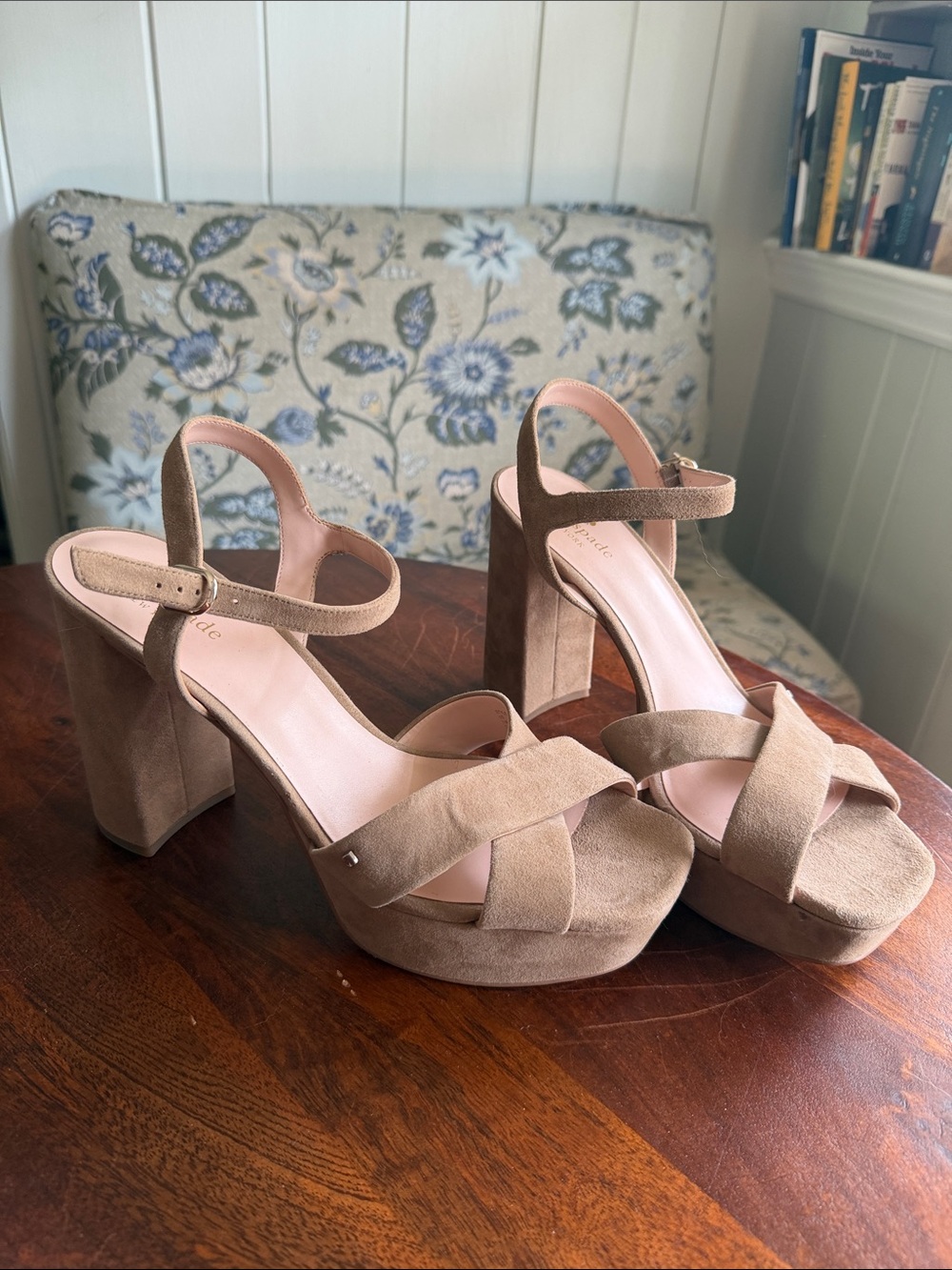 kate spade Taupe Suede Platform Block Heel Sandals